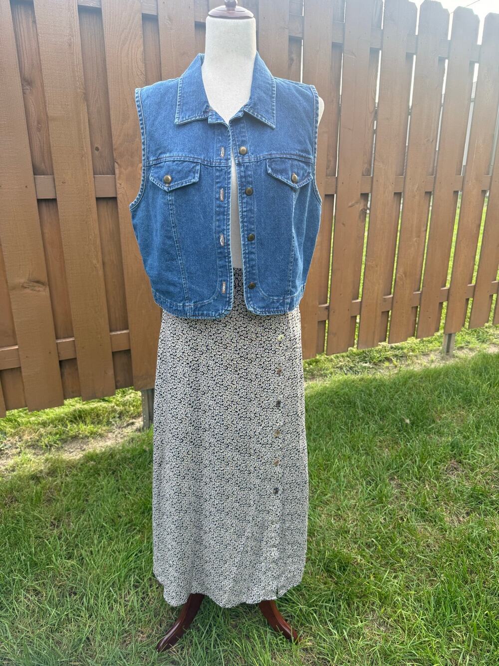Vintage Blue Floral Maxi Skirt and Molly Malloy Denim Vest Medium